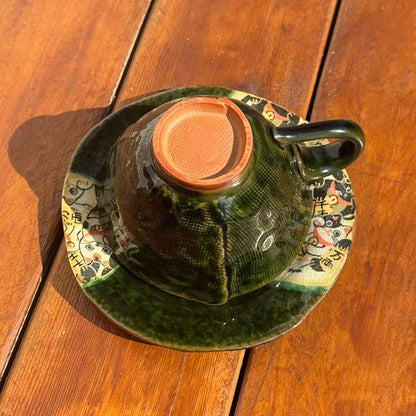 Coffee Cup & Saucer Set – Mino Ware Lucky Cat Oribe Green