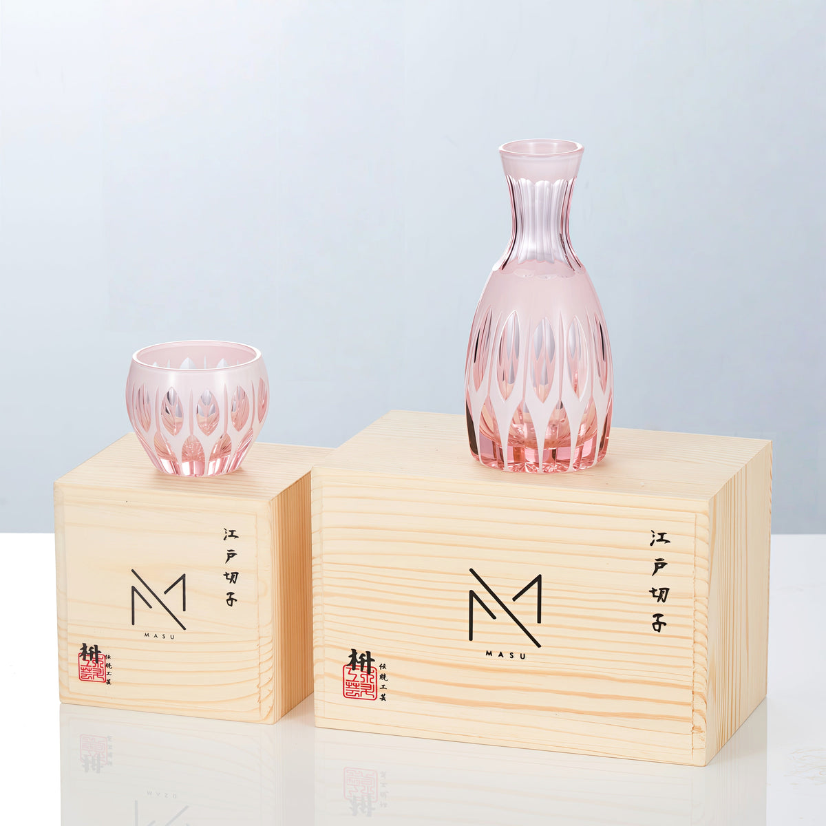 Sake Glass Set Momo Pink | Edo Kiriko Hand-Cut Peach Crystal Japanese Drinkware Collection