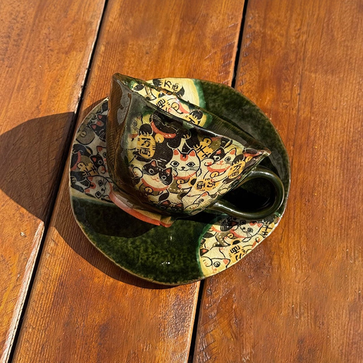Coffee Cup & Saucer Set – Mino Ware Lucky Cat Oribe Green