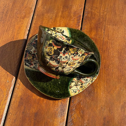 Coffee Cup & Saucer Set – Mino Ware Lucky Cat Oribe Green