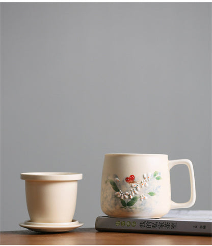 Ceramic Tea Cup With Infuser Lid Butterfly Floral Design