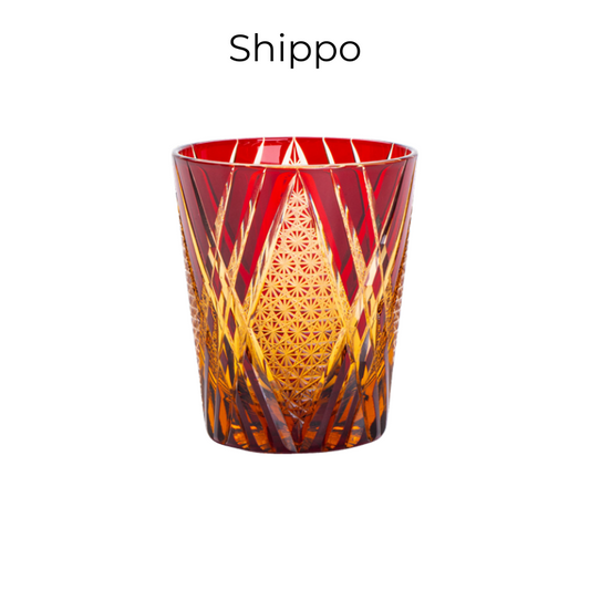 Whiskey Glass Edo Kiriko Akane Komon Collection – Hand-Cut Crimson Japanese Tumbler with Wooden Box | Shippo, Asanoha & Matsuba