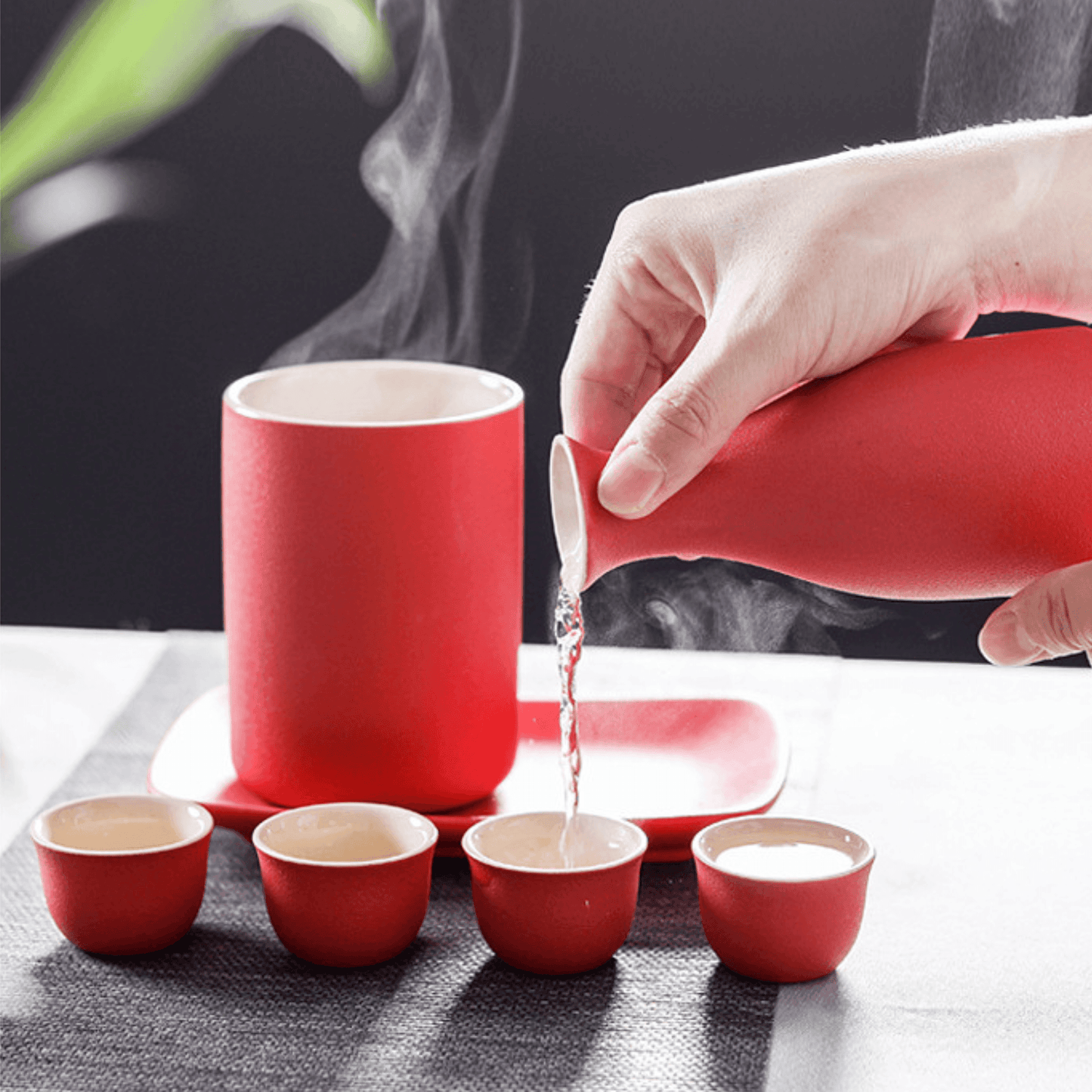 Japanese Sake Set – Ceramic with Warmer 4 Cups Flagon Plate
