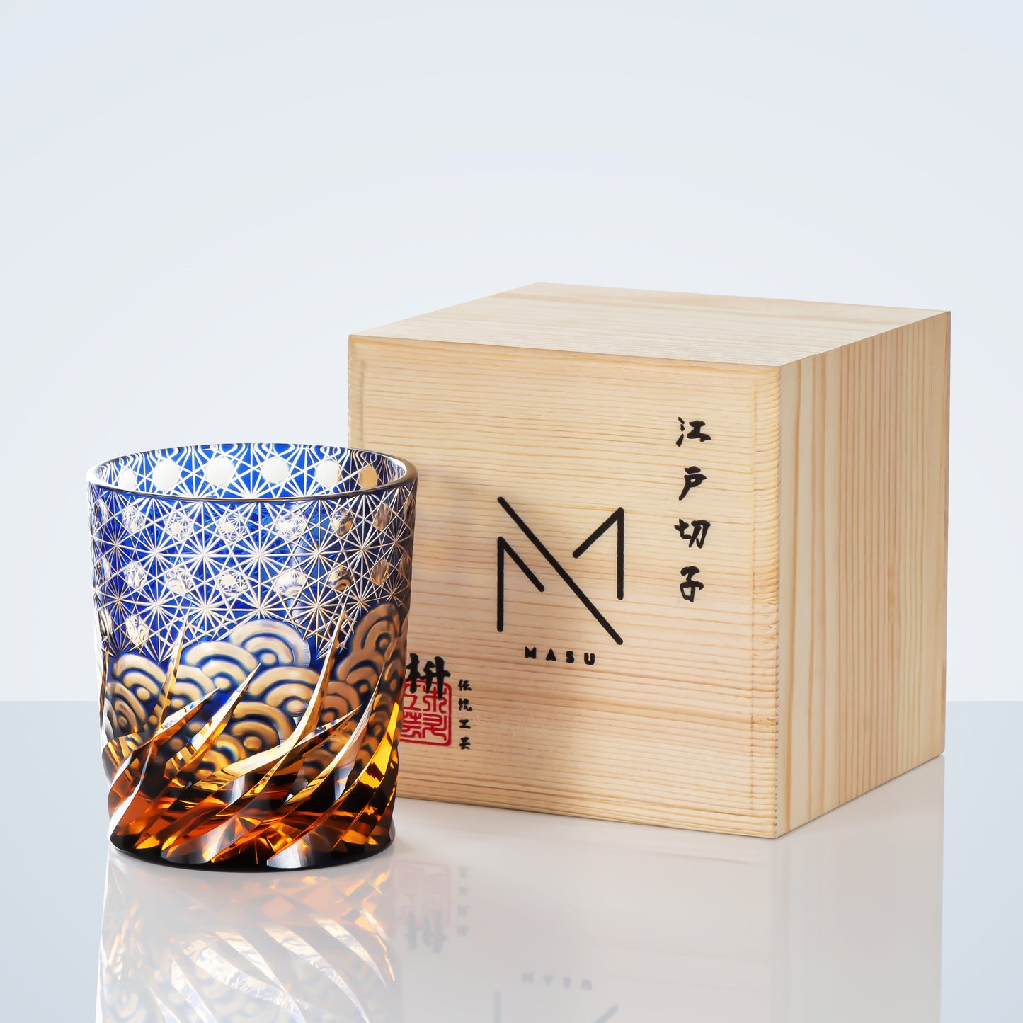 Whiskey Glass Edo Kiriko Blue Amber – Hand-Cut Japanese Tumbler with Wooden Box | Blue Chrysanthemum & Starry Sea