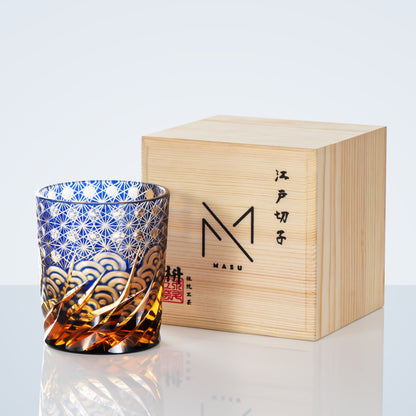 Whiskey Glass Edo Kiriko Blue Amber – Hand-Cut Japanese Tumbler with Wooden Box | Blue Chrysanthemum & Starry Sea