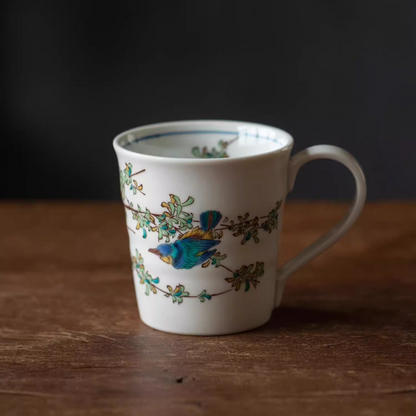 Japanese Ceramic Mug – Kutaniyaki Floral Bird Swallow Forest