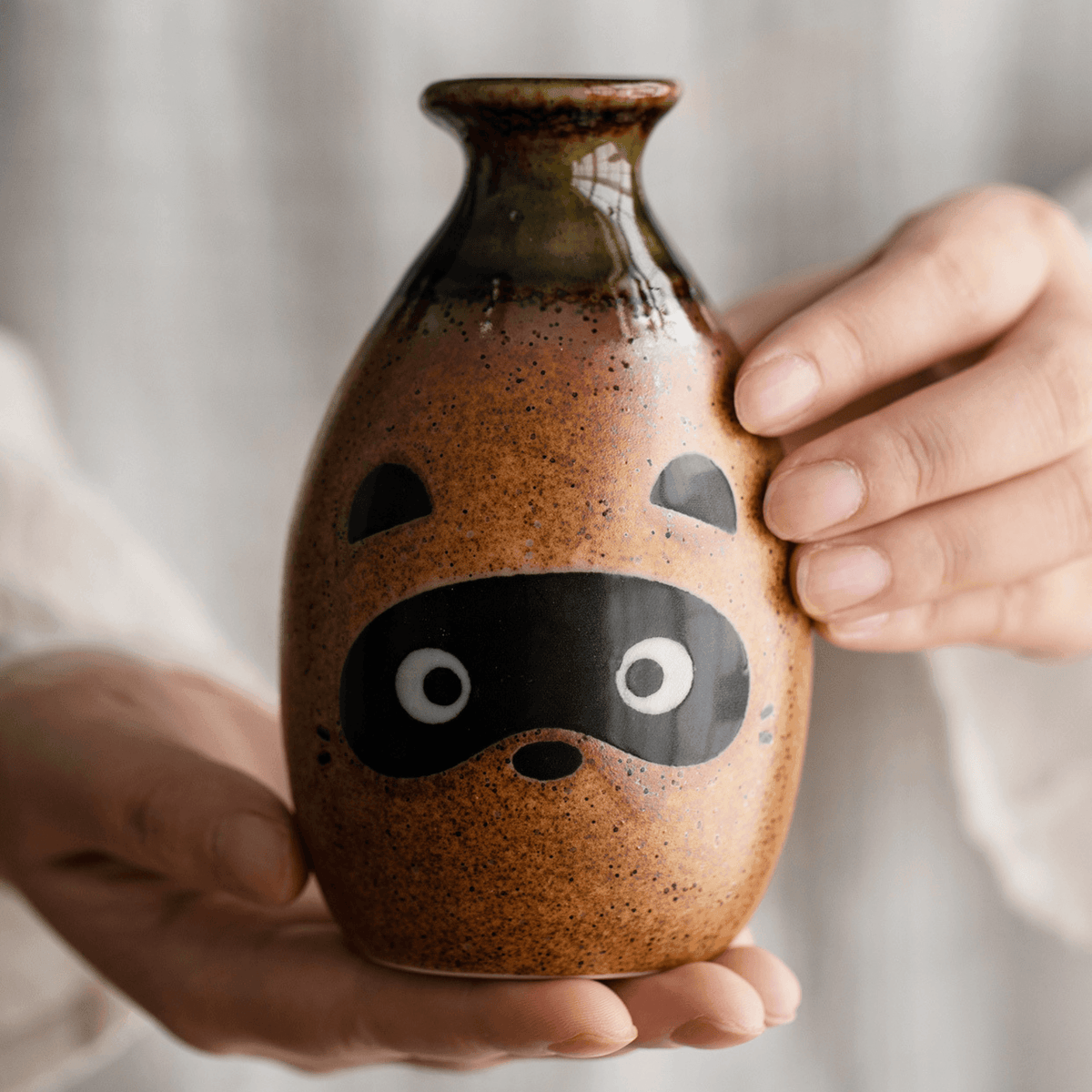 Ceramic Sake Set Tanuki Japanese Handcrafted Raccoon Folk Art Lucky