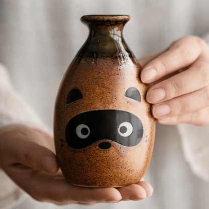 Ceramic Sake Set Tanuki Japanese Handcrafted Raccoon Folk Art Lucky