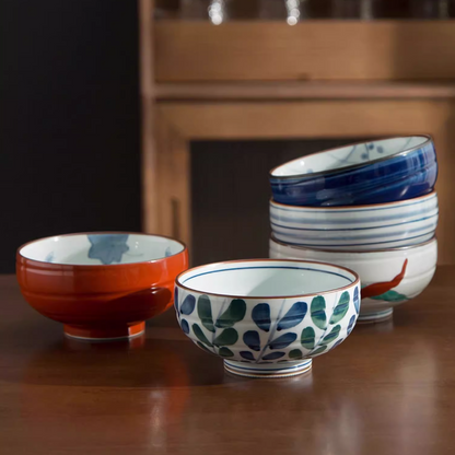 Bowl Set Arita Ware Shikayama Hand-Painted Japanese Ceramic Rice Bowl Set of 5 Wooden Box Made in Japan