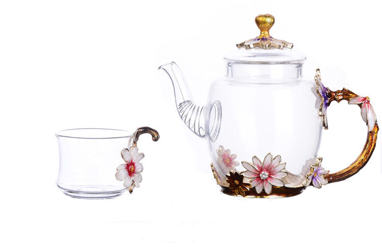 Glass Teapot & Cup Set – Metallic Floral 6 Cups Red Blue