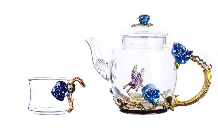 Glass Teapot & Cup Set – Metallic Floral 6 Cups Red Blue