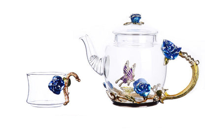 Glass Teapot & Cup Set – Metallic Floral 6 Cups Red Blue