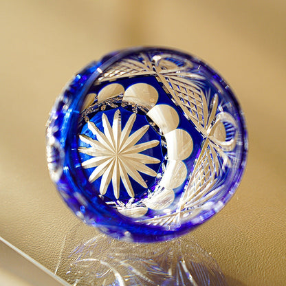Tea Set Blue Chrysanthemum Handcrafted Glass Engraved Japanese Tea Ceremony Set Teacup Tea Pitcher Lidded Cup