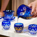Tea Set Blue Chrysanthemum Handcrafted Glass Engraved Japanese Tea Ceremony Set Teacup Tea Pitcher Lidded Cup