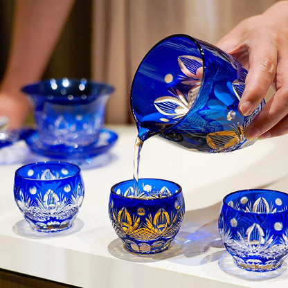Tea Set Blue Chrysanthemum Handcrafted Glass Engraved Japanese Tea Ceremony Set Teacup Tea Pitcher Lidded Cup