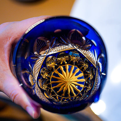 Tea Set Blue Chrysanthemum Handcrafted Glass Engraved Japanese Tea Ceremony Set Teacup Tea Pitcher Lidded Cup