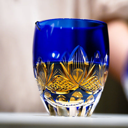 Tea Set Blue Chrysanthemum Handcrafted Glass Engraved Japanese Tea Ceremony Set Teacup Tea Pitcher Lidded Cup