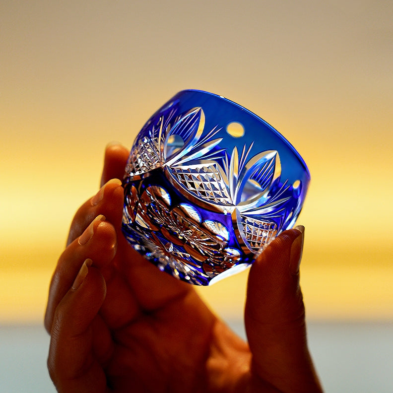 Tea Set Blue Chrysanthemum Handcrafted Glass Engraved Japanese Tea Ceremony Set Teacup Tea Pitcher Lidded Cup