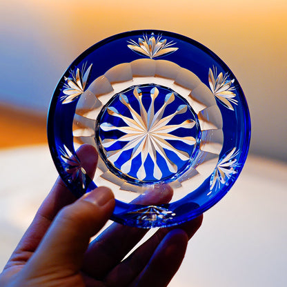 Tea Set Blue Chrysanthemum Handcrafted Glass Engraved Japanese Tea Ceremony Set Teacup Tea Pitcher Lidded Cup