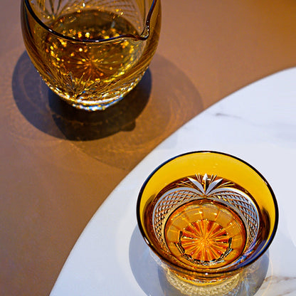 Tea Set Handcrafted Amber Glass Chrysanthemum Engraved Japanese Tea Ceremony Set Artisan Teacup Gift