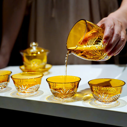Tea Set Handcrafted Amber Glass Chrysanthemum Engraved Japanese Tea Ceremony Set Artisan Teacup Gift