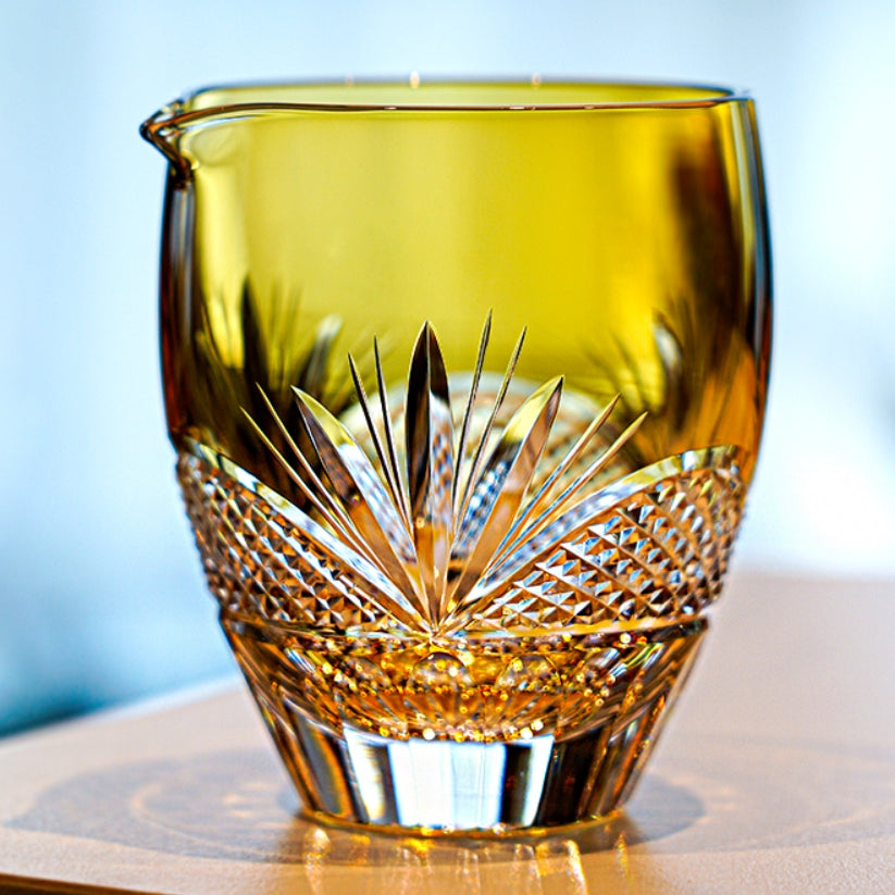 Tea Set Handcrafted Amber Glass Chrysanthemum Engraved Japanese Tea Ceremony Set Artisan Teacup Gift