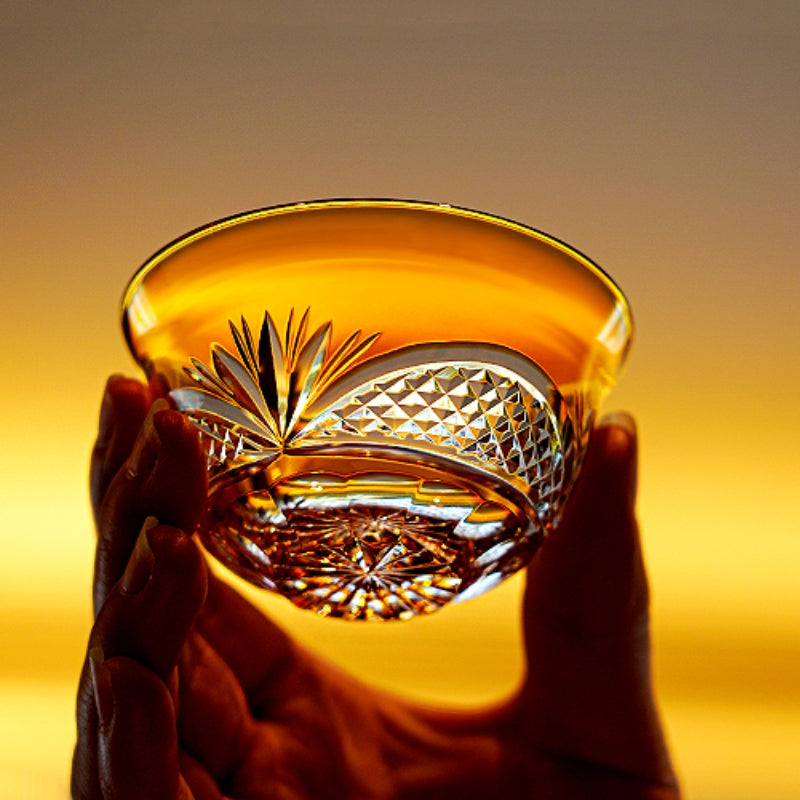 Tea Set Handcrafted Amber Glass Chrysanthemum Engraved Japanese Tea Ceremony Set Artisan Teacup Gift