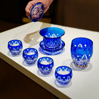 Tea Set Blue Chrysanthemum Handcrafted Glass Engraved Japanese Tea Ceremony Set Teacup Tea Pitcher Lidded Cup