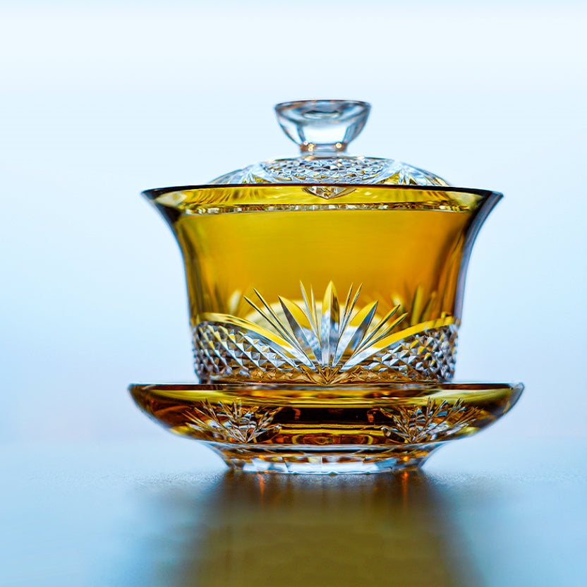Tea Set Handcrafted Amber Glass Chrysanthemum Engraved Japanese Tea Ceremony Set Artisan Teacup Gift