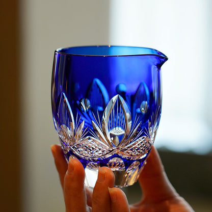 Tea Set Blue Chrysanthemum Handcrafted Glass Engraved Japanese Tea Ceremony Set Teacup Tea Pitcher Lidded Cup