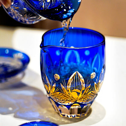 Tea Set Blue Chrysanthemum Handcrafted Glass Engraved Japanese Tea Ceremony Set Teacup Tea Pitcher Lidded Cup