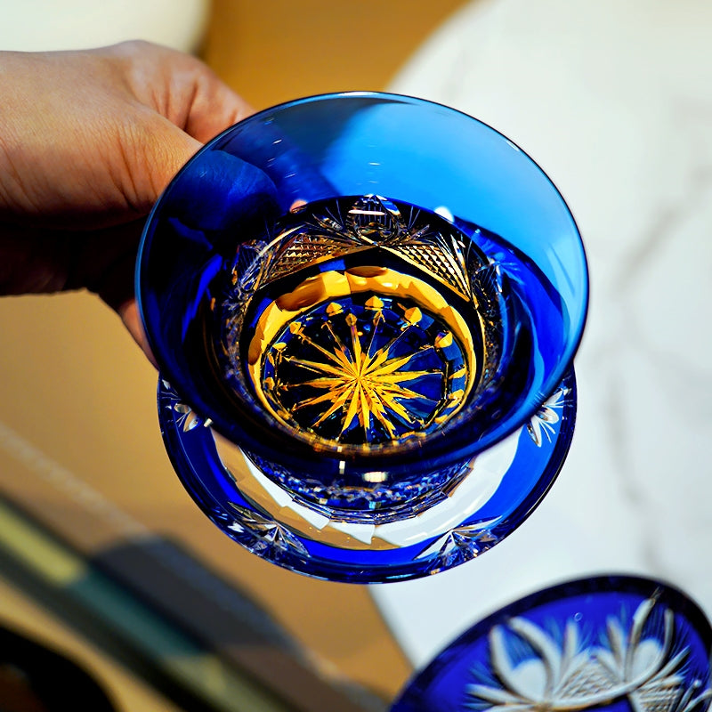 Tea Set Blue Chrysanthemum Handcrafted Glass Engraved Japanese Tea Ceremony Set Teacup Tea Pitcher Lidded Cup