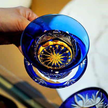 Tea Set Blue Chrysanthemum Handcrafted Glass Engraved Japanese Tea Ceremony Set Teacup Tea Pitcher Lidded Cup