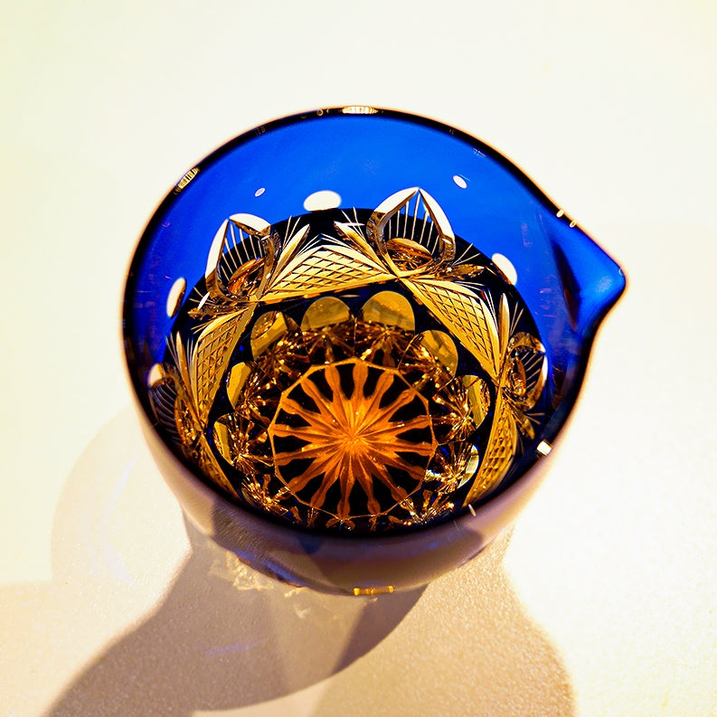 Tea Set Blue Chrysanthemum Handcrafted Glass Engraved Japanese Tea Ceremony Set Teacup Tea Pitcher Lidded Cup