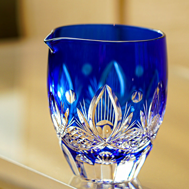 Tea Set Blue Chrysanthemum Handcrafted Glass Engraved Japanese Tea Ceremony Set Teacup Tea Pitcher Lidded Cup