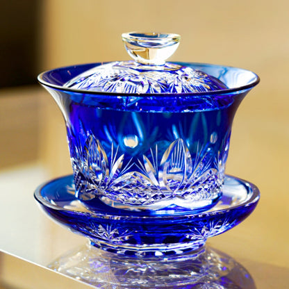 Tea Set Blue Chrysanthemum Handcrafted Glass Engraved Japanese Tea Ceremony Set Teacup Tea Pitcher Lidded Cup