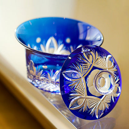 Tea Set Blue Chrysanthemum Handcrafted Glass Engraved Japanese Tea Ceremony Set Teacup Tea Pitcher Lidded Cup