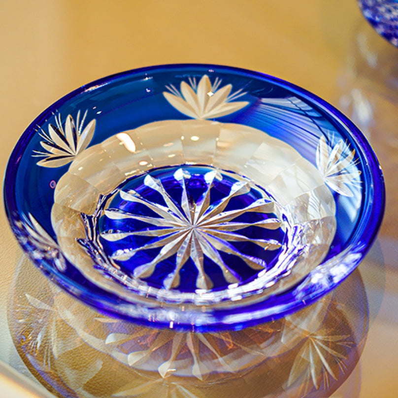 Tea Set Blue Chrysanthemum Handcrafted Glass Engraved Japanese Tea Ceremony Set Teacup Tea Pitcher Lidded Cup