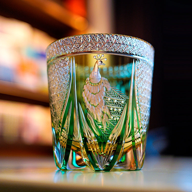 Whiskey Glass Edo Kiriko Handcrafted Emerald Peacock with Wooden Gift Box