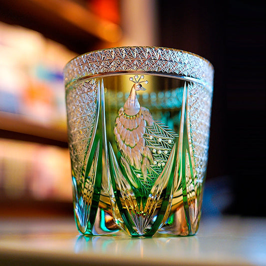 Whiskey Glass Edo Kiriko Handcrafted Emerald Peacock with Wooden Gift Box