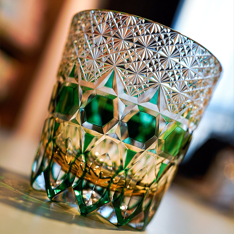 Whiskey Glass Edo Kiriko Handcrafted Emerald Fluorite with Wooden Gift Box