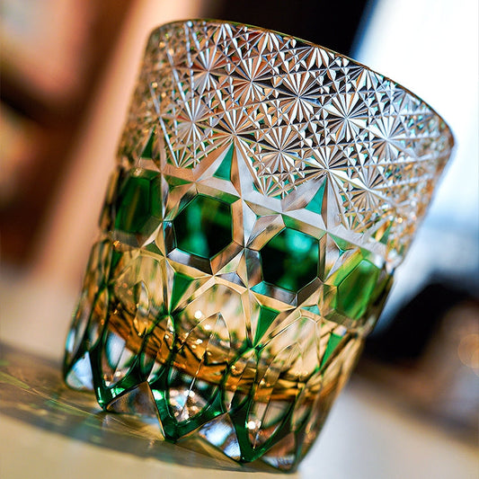 Whiskey Glass Edo Kiriko Handcrafted Emerald Fluorite with Wooden Gift Box