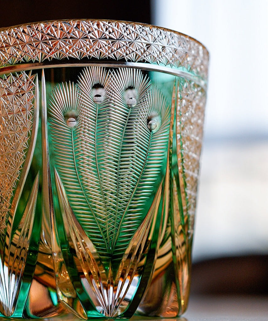 Whiskey Glass Edo Kiriko Handcrafted Emerald Peacock with Wooden Gift Box
