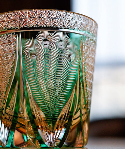 Whiskey Glass Edo Kiriko Handcrafted Emerald Peacock with Wooden Gift Box