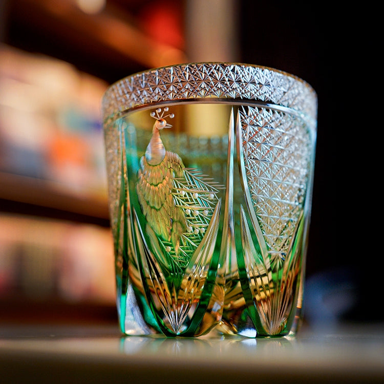 Whiskey Glass Edo Kiriko Handcrafted Emerald Peacock with Wooden Gift Box