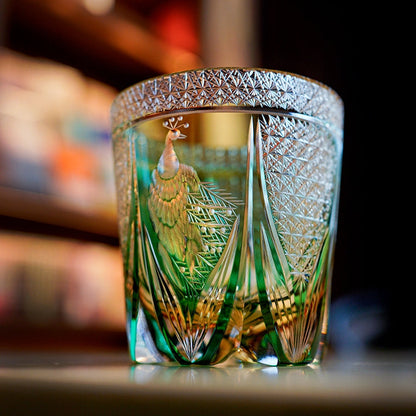 Whiskey Glass Edo Kiriko Handcrafted Emerald Peacock with Wooden Gift Box