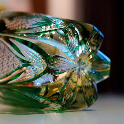 Whiskey Glass Edo Kiriko Handcrafted Emerald Peacock with Wooden Gift Box