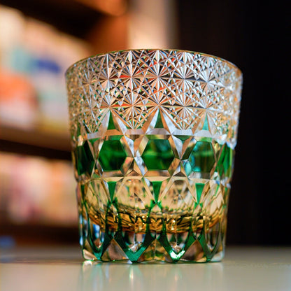 Whiskey Glass Edo Kiriko Handcrafted Emerald Fluorite with Wooden Gift Box