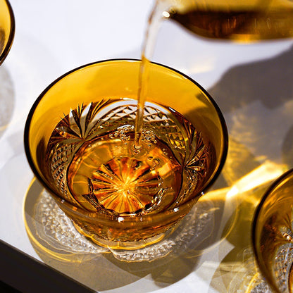 Tea Set Handcrafted Amber Glass Chrysanthemum Engraved Japanese Tea Ceremony Set Artisan Teacup Gift