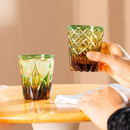 Whiskey Glass Ryokusho Yugure | Edo Kiriko Emerald Amber Gradient Cut